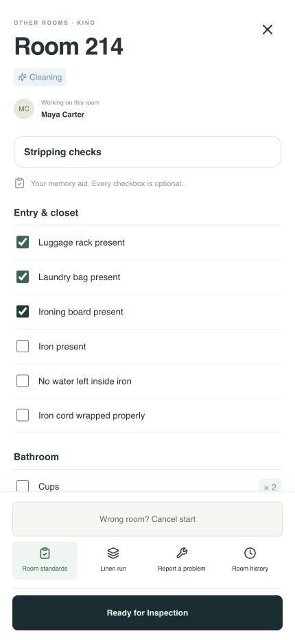 RoomFlow mobile checklist for room 214
